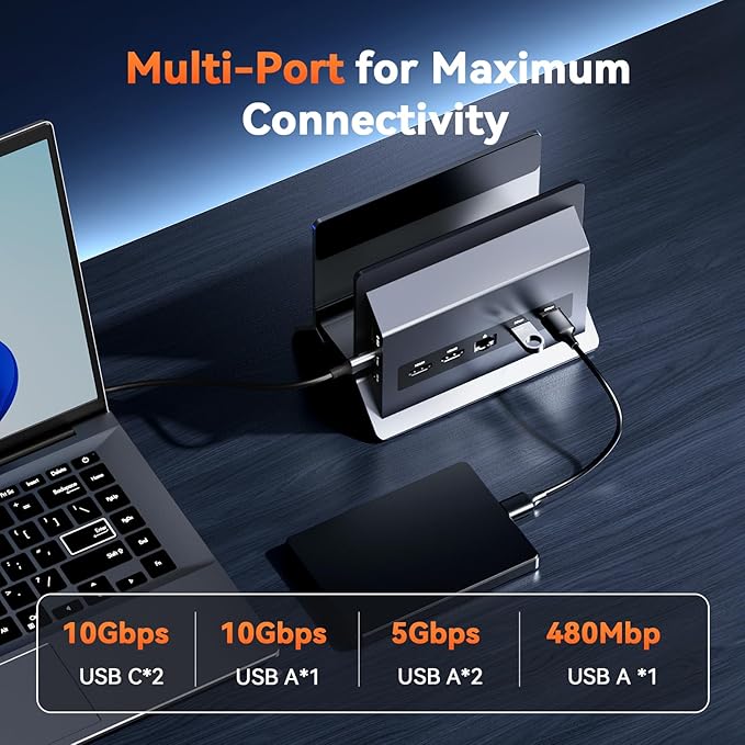 TobenONE Docking Station Dual Monitor Stand 4K@60Hz, 2 HDMI Ports, 100W Power Supply, PD 3.0, 6 USB, Ethernet, Laptop Stand Vertically, for Windows, ChromeOS, Desk Space Saving