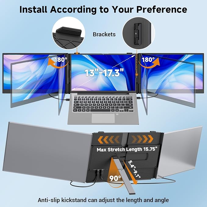 0.18" Ultra-Thin Triple Laptop Screen Extender, 14" 1080P FHD Portable Monitor for Laptops 13-17.3", Laptop Monitor Extender 2.2LB, USB-C HDMI Plug-Play for Mac Windows PS Switch Phone Pad Travel Work