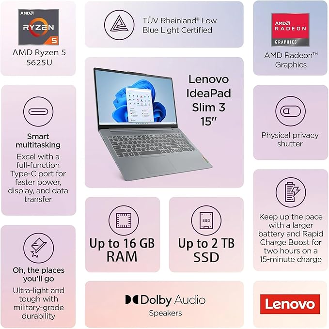 Lenovo New Ideapad Laptop with Microsoft Office 365, AMD Ryzen 5 5625U (Outperforms i7-1260U), 15.6" FHD TN Anti-Glare Display, 16GB RAM, 2TB SSD, WiFi 6, Backlit Keyboard, Windows 11 Pro, WOWPC USB