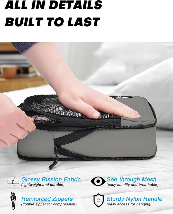 4 PCS Set Compression Packing Cubes for Travel, Lightweight Packaging Organizer Bags for Carry On Space Saving, Travel Essentials Cubes for Suitcase Backpack, Grey