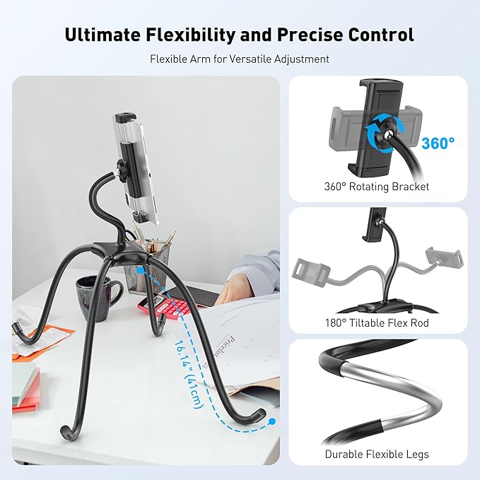 AboveTEK iPad Holder for Bed, Adjustable Tablet Bed Stand Mount, 360° Hands-Free Kindle Holder for Reading in Bed, Compatible w/ 4.7"-15.6" Tablets/iPads/Kindles/Phones/Samsung - Durable & Flexible