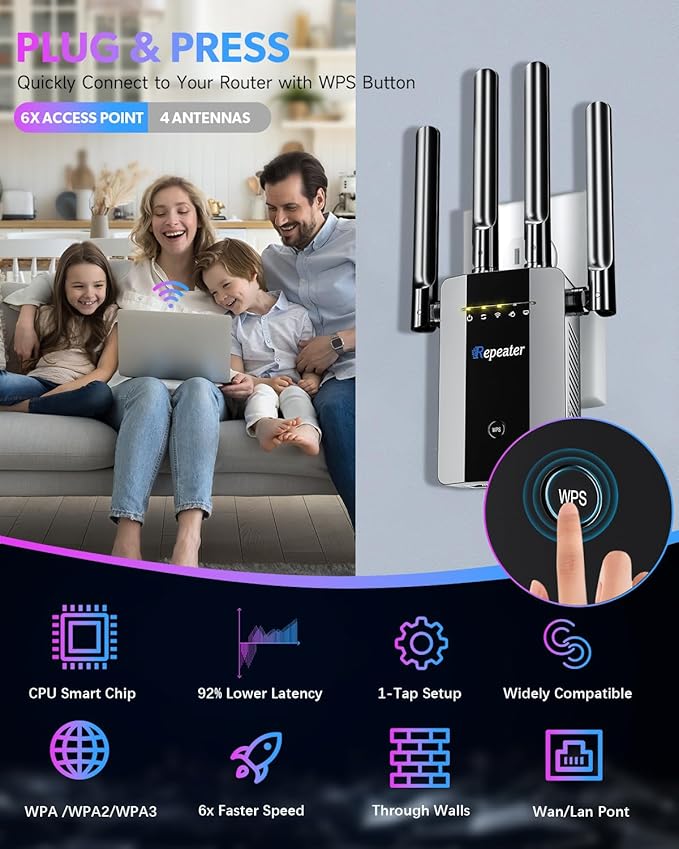 2025 New WiFi Extender Signal Booster, Long Range up to 13355Sq.ft, Wireless Internet Repeater Routers Signal Amplifier for Home, Office, Garage, 8X Faster Access Point with Ethernet Port, 1-Tap Setup