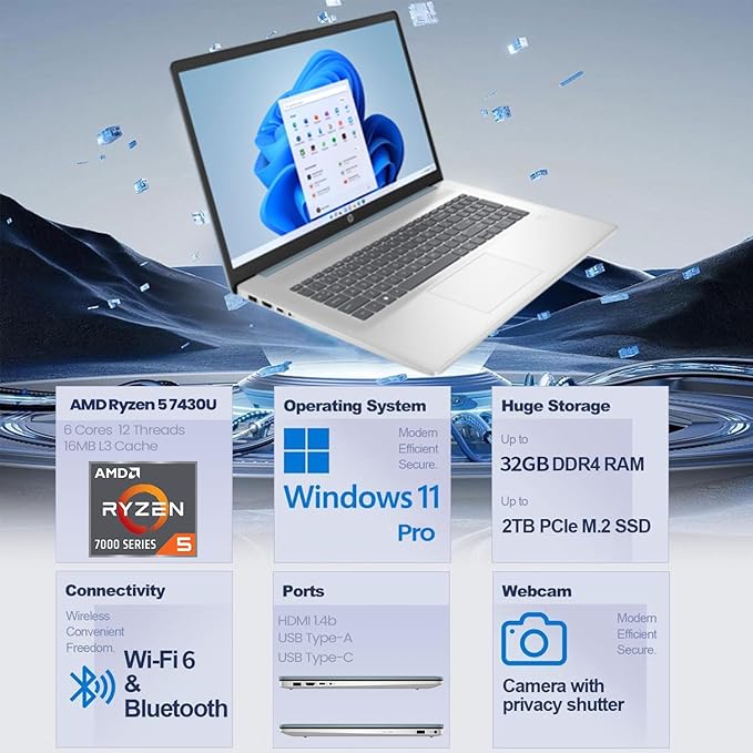 HP 17.3" Business Laptop, 17.3" HD+ Touchscreen, AMD Ryzen 5 7430U, 8GB RAM, 512GB PCIe SSD, Backlit Keyboard, Fingerprint Reader, Webcam, HDMI, Wi-Fi 6, Windows 11 Pro, Blue