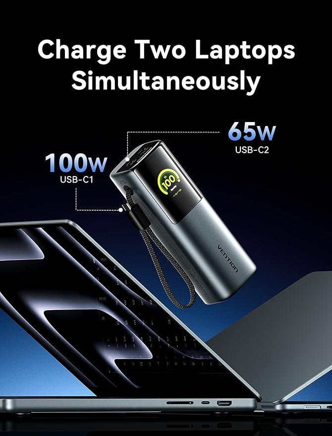VENTION Powerhive Laptop Power Bank Fast Charging, 165W 20000mAh Portable Travel Charger, Digital Display & Emoji Animation, Integrated USB-C Cable for MacBook/iPhone 16/Galaxy S25 Ultra/Dell/HP