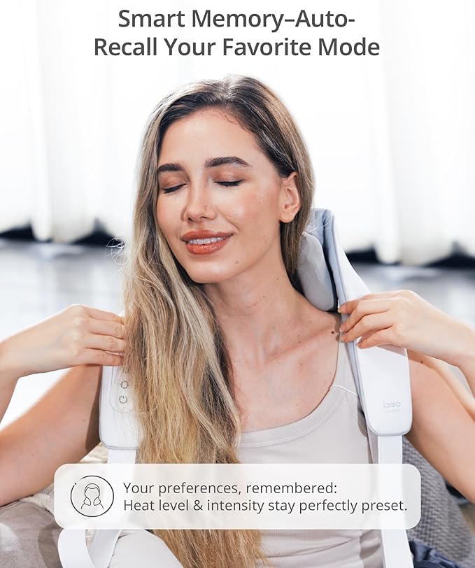 Cordless Shiatsu Neck and Back Massager with Heat, 10 Mins x 12 Uses, 3 Massage Modes & 2 Intensity Levels, 3D Kneading Deep Tissue for Pain Relief, Voice Prompt & Smart Memory, Relax for Women, Men