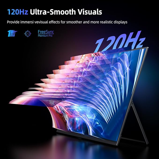 Portable Monitor 18.5” | 120HZ 1ms Gaming Monitor | 125% sRGB | FreeSync, HDR | 350Nits | USB-C & HDMI | VESA & Kickstand | Large Travel External Second Screen for Laptop, Switch, Game Consoles