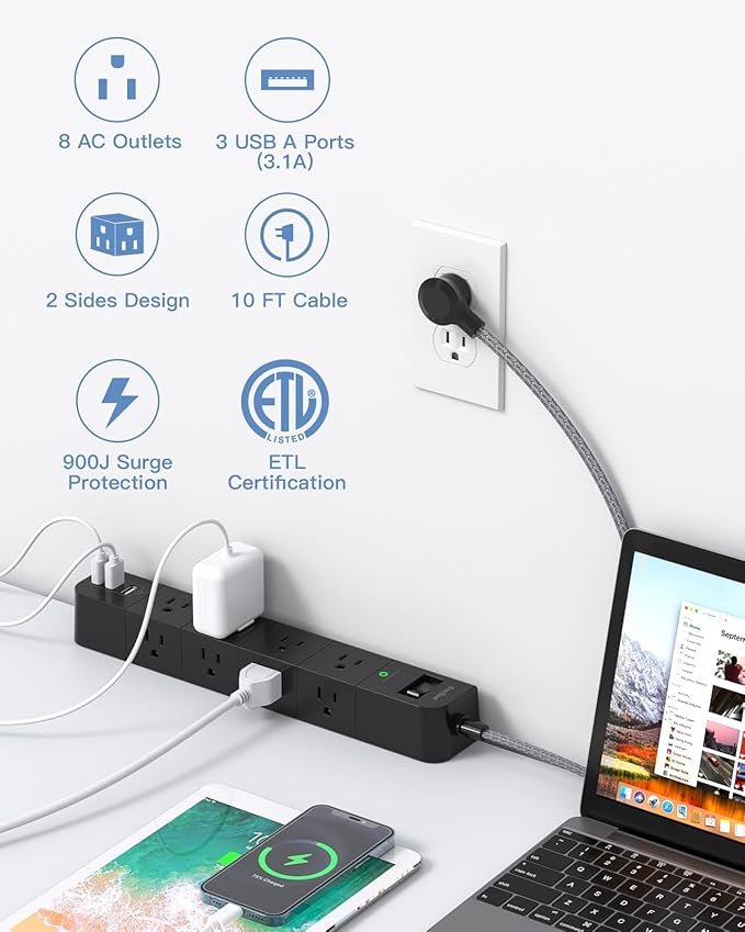 One Beat 10 ft Extension Cord,Power Strip Surge Protector 8 Widely AC Outlets 3 USB,Flat Plug,Desktop Charging Station with Overload Protection,Wall Mount for Home,Office,Computer ETL Listed,Black