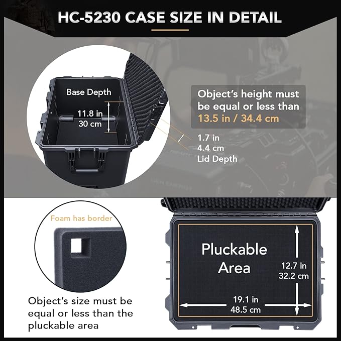 Lykus HC-5230 Large Waterproof Hard Case with Wheels and Customizable Foam, Interior Size 20.5x14.2x13.6 inch, Suitable for cameras, lenses, electronic equipment and more