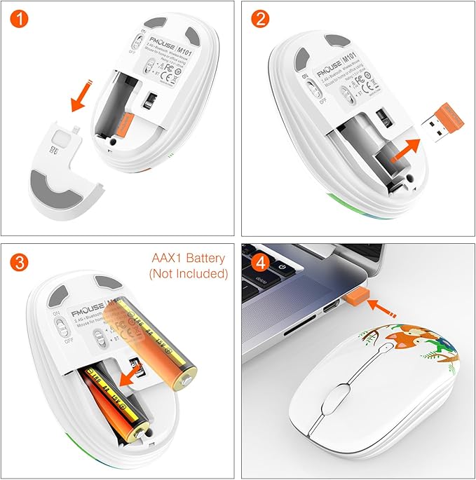 Cute Wireless Mouse, Dual Mode, Bluetooth & 2.4GHz USB Receiver, Silent Clicks, AA-Battery Powered, Handy & Durable, Lovely Little Fox Pattern for Kids and Students on Laptops, Mac, iPad, PC