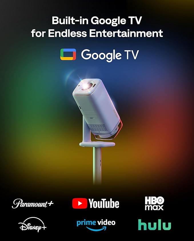 Aurzen BOOM Air Portable Google TV Projector with WiFi and Bluetooth, Smart Projector for Outdoor & Home Movie, USB-C Powered, 4K Supported, Real-Time Focus, Dolby Audio, Adjustable Stand, Blue