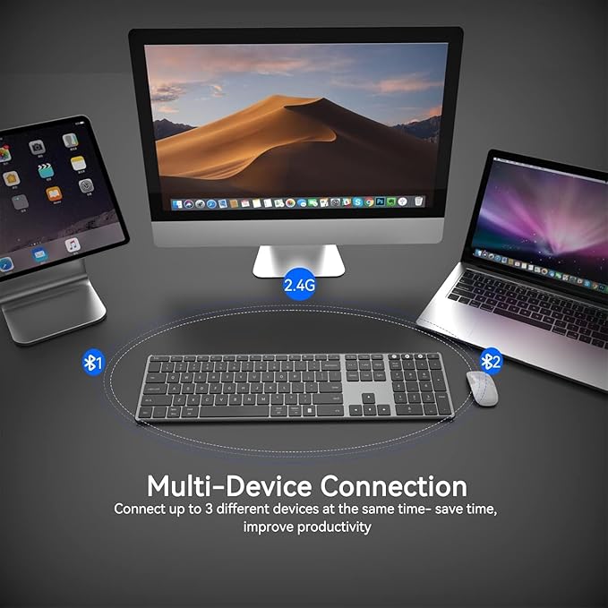 AUSDOM 2.4G Wireless Bluetooth Keyboard Full Size, Quiet Slim Multi-Device Rechargeable Cordless QWERTY Keyboard with Number Pad, Low Profile Silent Flat Universal Keyboards for Computer/Mac/Windows