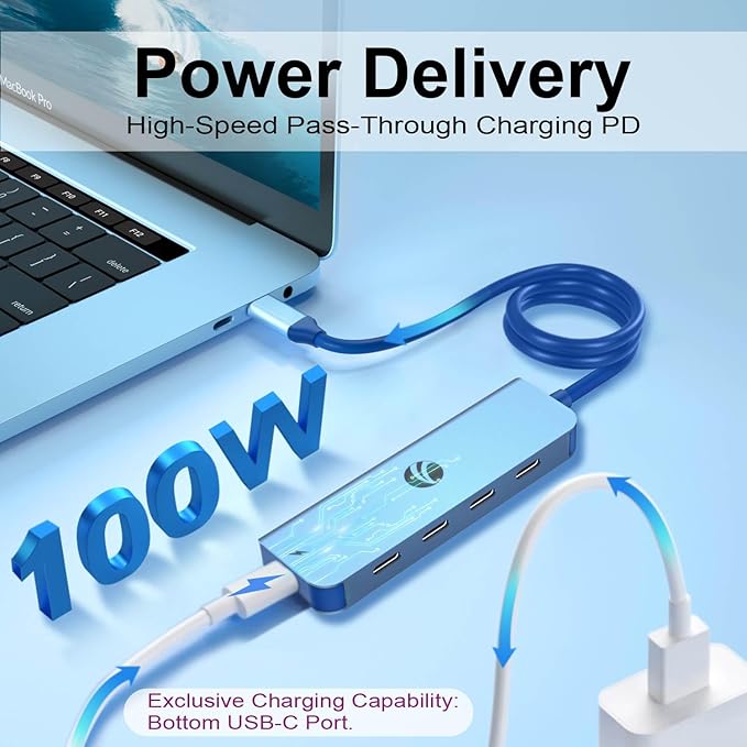 VCOM 10Gbps USB C Hub，5 Ports USB Splitter with 100W Power Delivery，Portable USB C Multiport Adapter Compatible with MacBook Pro/Air, Surface Pro, Dell, HP, Microsoft, Not Support Monitor (Blue)