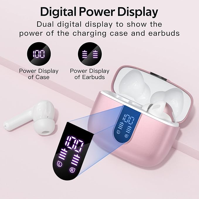 TAGRY Bluetooth Headphones True Wireless Earbuds 60H Playback LED Power Display Earphones with Wireless Charging Case IPX5 Waterproof in-Ear Ear buds with Mic for TV Smart Phone Laptop Computer Sports