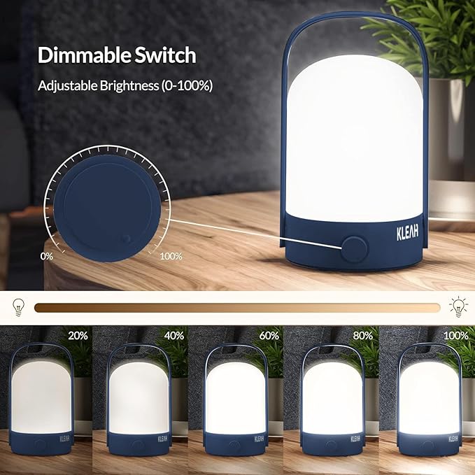 KLEAH Portable Cordless Lantern Table Lamp, 360° Portable Handle, Stepless Dimmer, Powerful Long-Lasting 50hrs, Rechargeable LED Lantern for Camping Bedroom Party, Blue