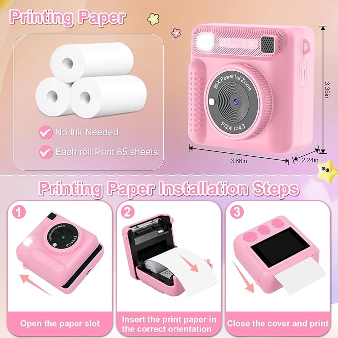 Kids Instant Print Camera - Christmas Birthday Gifts for Girls Boys, Instant Cameras That Print Photos for 4 5 6 7 8 9 10 Year Old Girl Birthday Gift with 32GB SD Card
