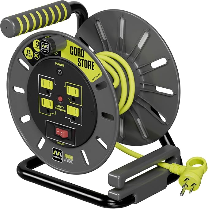 3ft Cord Reel, Retractable Extension Lead with Winding Handle, Safety Overload Circuit Breaker and Power Switch, 4x Grounded Outlets, 13amps, 14AWG Cable