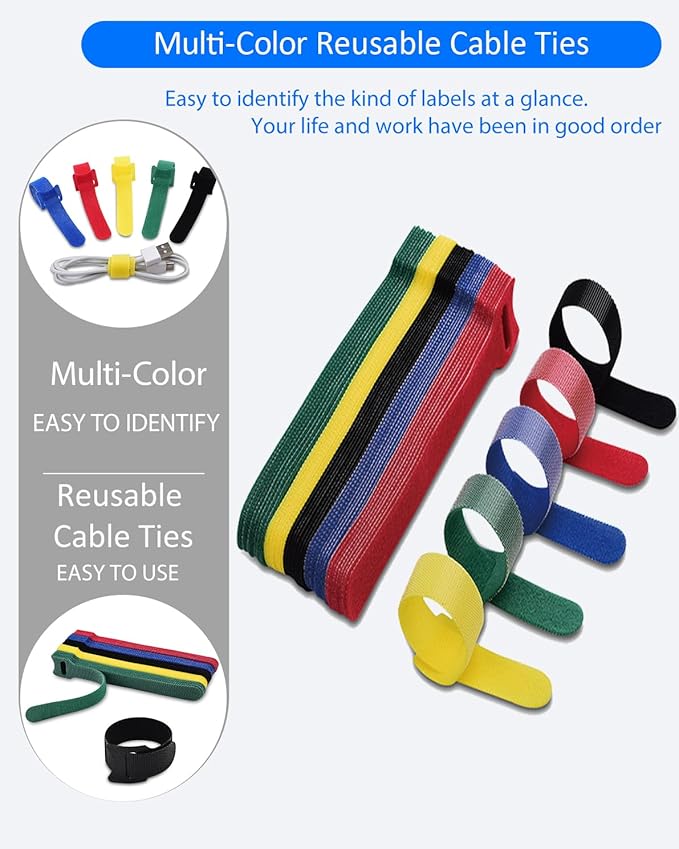 120PCS Cable Ties Reusable - 6 Inches Multi-Colour Adjustable Cord Straps Cord Organizer, Multi-Purpose Reusable Hook and Loop Cable Organizer for Home, Office, Travel, Garage, and Gardening