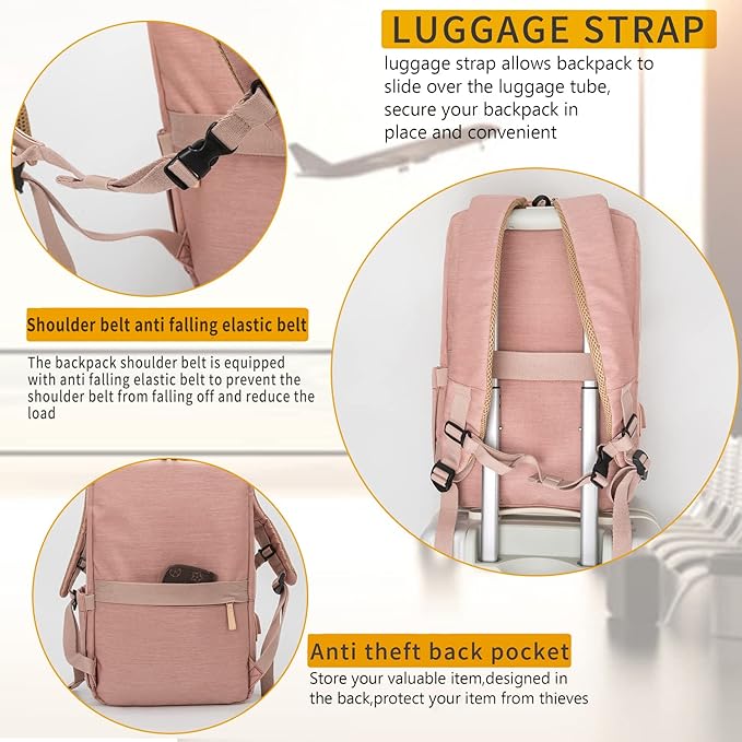 NOBLEMAN Laptop Backpack Women, Travel Work Business Carry on Computer Backpacks with Multi Compartment, Water Resistent 15.6 Inch Laptop Backpack with USB Port for Nurse (Pink Plus