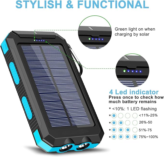 Solar Charger, 20000mAh Portable Type-C Solar Power Bank with 4 Cables, Waterproof Battery Pack, Outdoor External Backup Power Charger Six Outputs/LED Flashlights, Perfect for Camping Travel