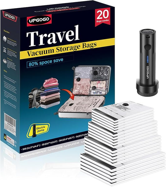 Combo 20 Pack Travel Vacuum Bags for Luggage with Portable Electric Pump,Vacuum Seal Bags for Clothing,Packing Cubes Compression,Cruise Ship and Travel Essentials