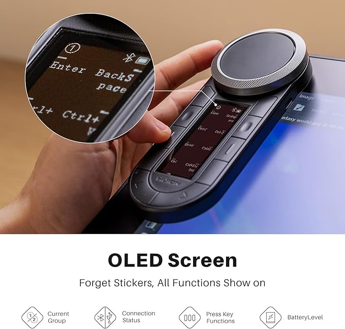 HUION Keydial Remote Bluetooth Programmable Keypad with Dual Dials 60 Customized Keys, OLED Display Macro Keypad Work with PC, Mac, Mobile, One-Hand Shortcut Keyboard for Drawing Tablet, Laptops