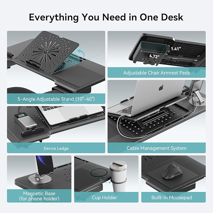 Newtral Laptop Bed Tray Desk, Height & Angle Adjustable Foldable Laptop Stand w/Cup Holder, Mousepad, Laptop Table Bookstand for Gaming, Working, Sofa & Office Chairs Use (Black, Upgrade)