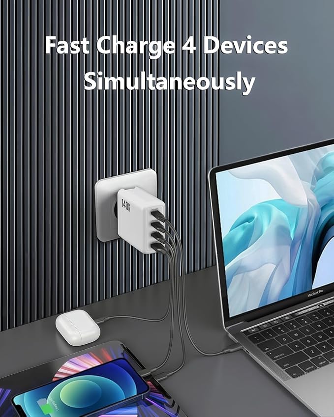 140W USB C Charger, 4-Port Foldable Compact Fast Laptop Charger Power Adapter, Advanced GaN Wall Charger, Compatible for MacBook Pro/Air, iPad Pro, iPhone 16, Galaxy S25, Steam Deck, and More (White)