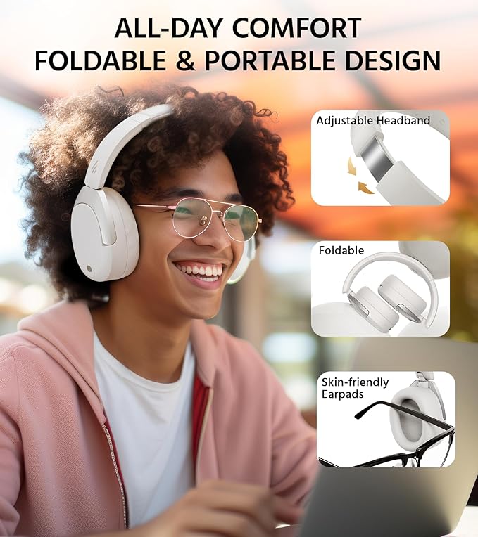 Edifier W830NB Wireless Over Ear Headphones with -45dB Active Noise Cancelling, 94H Playtime, LDAC Hi-Res Sound, Spatial Audio, Fast Charging, Multipoint Connection, Bluetooth V5.4 - Sandwhite