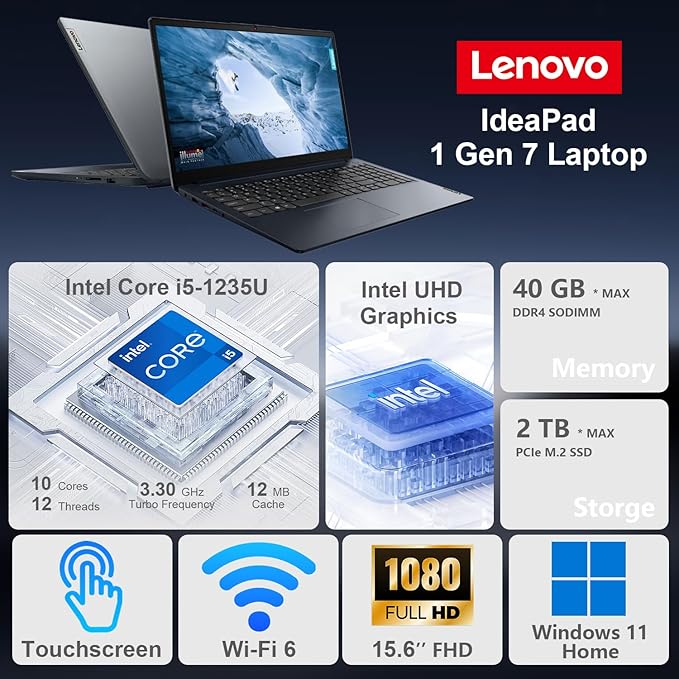 Lenovo IdeaPad 1i Laptop, 15.6" FHD Touchscreen, Intel Core i5-1235U Processor, 24GB RAM, 1TB SSD, Webcam, HDMI, Wi-Fi 6, Windows 11 Home, Blue