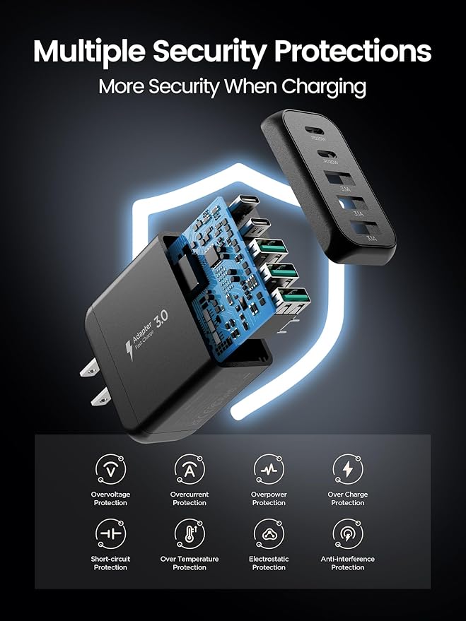 USB C Charger Block,EIZLXQ [2-Pack] Type C Charger Fast Charging,50W 5-Port Usb Wall Charger Multiport Type C Charging Block Cube for iPhone 17/16/15/14/13/12/11 Pro Max XS, iPad, Samsung & More-Black