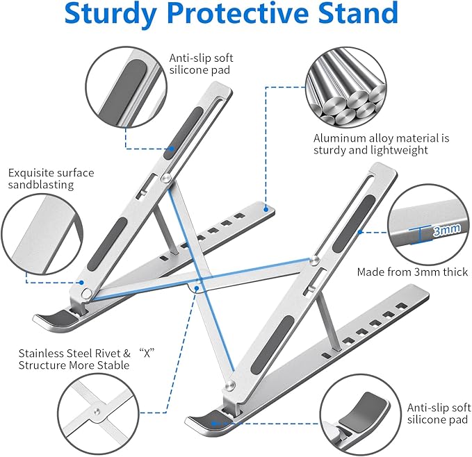 Laptop Stand for Desk, Aluminum Metal MacBook Stand，Computer Riser for Desk, Portable Foldable Adjustable Notebook Holder, Compatible with 10-15.6 Inch Laptops, iPad, Silver.