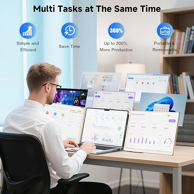 KEFEYA Laptop Screen Extender 15.6", FHD 1080P Portable Triple Monitor for Laptops 13-17.3", 120% sRGB 235° Rotation Detachable Laptop Monitor Extender for Windows/Mac/Dex/Chrome/Surface, Plug n Play