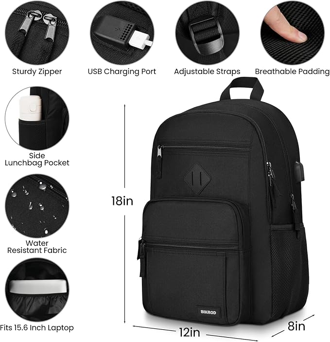 Black Backpack for Men and Women, Backpack for School Teens Boys and Girls, Lightweight Casual High School Bookbag, Daily-use Travel Laptop Backpack with USB Charging Port Fits 15.6 Inch Notebook