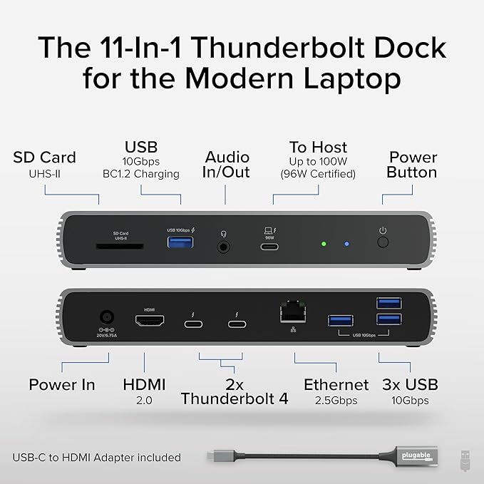 Plugable Thunderbolt 4 Dock for Dual 4K or 8K Display – 100W Charging Docking Station for MacBook Pro and Windows Laptops with 11 Ports, 3X Thunderbolt, Ethernet, USB, and SD Card (TBT4-UDX1)