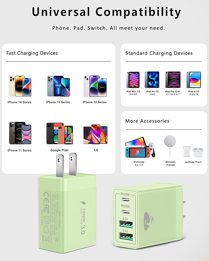 USB C Wall Charger 2-Pack, 40W 4-Port USB C Charger Block PD Power Delivery Fast Type C Charging Block Plug for iPhone 16/15/14/13/12/11/Pro Max, XS/XR/X, iPad, Samsung, Android Phones Charger Cube