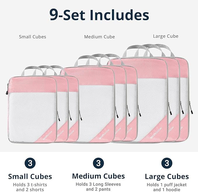 9 Set Compression Packing Cubes for Travel - Compressible, Lightweight, and Space-Saving Packing Cubes, Travel Essentials for Women, Pink