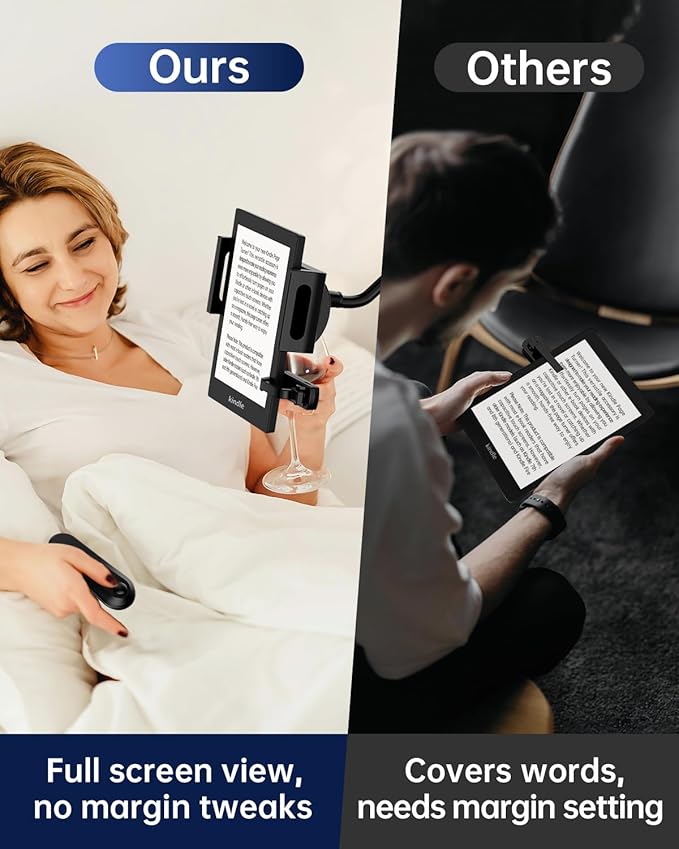 Kindle Holder with Remote Page Turner - Read in Bed Without Blocking Text or Adjusting Margins - Reduce Neck Strain - Quiet Page Turning for Kindle, iPad, iPhone