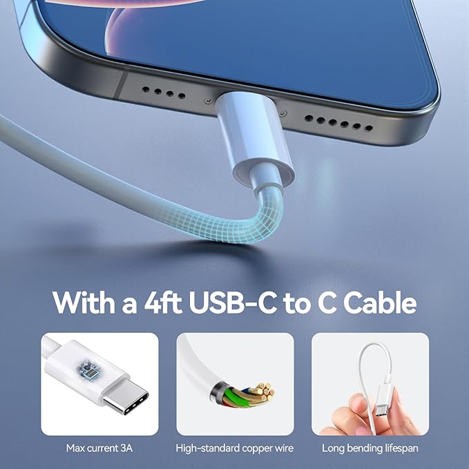 Bwine 65W USB C Charger, 3-Port GaN Wall Charger with 4 ft USB-C Cable Cord, Compatible with Drone, iPhone 17/Pro,Galaxy S24,Note 20/10+, iPad and More,White