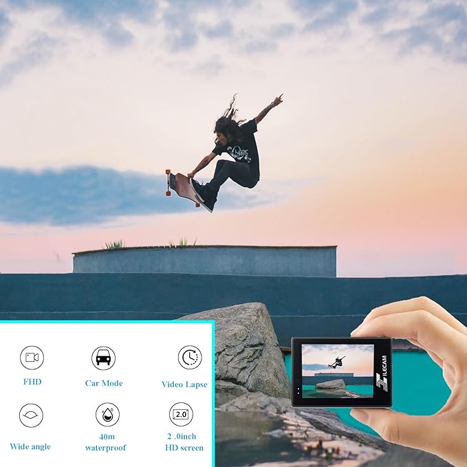 Action Camera 1080P 30fps Sports Camera 40m/131ft Underwater Waterproof with 2 Batteries and Multi-Function Accessory