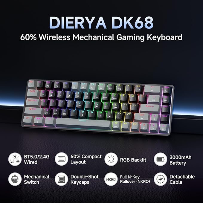 DIERYA DK68 60% Wireless Mechanical Gaming Keyboard, 3 Modes Bluetooth/2.4G/USB-C with Clicky Blue Switch, RGB Backlit, Anti-Ghosting, 68-Key Compact mini Keyboard for Windows/macOS/Linux- Grey/Black