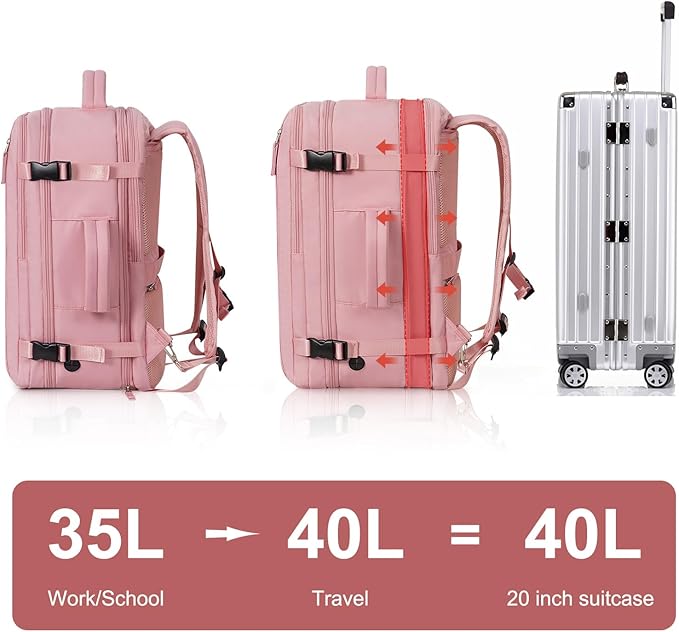 Hanples Carry on Travel Backpack for Women, Large 40L Personal Item Luggage Backpack,17inch Laptop Backpack TSA Flight Approved, Travel Essentials Casual Daypack with 2 Toiletry Bags (Pink)