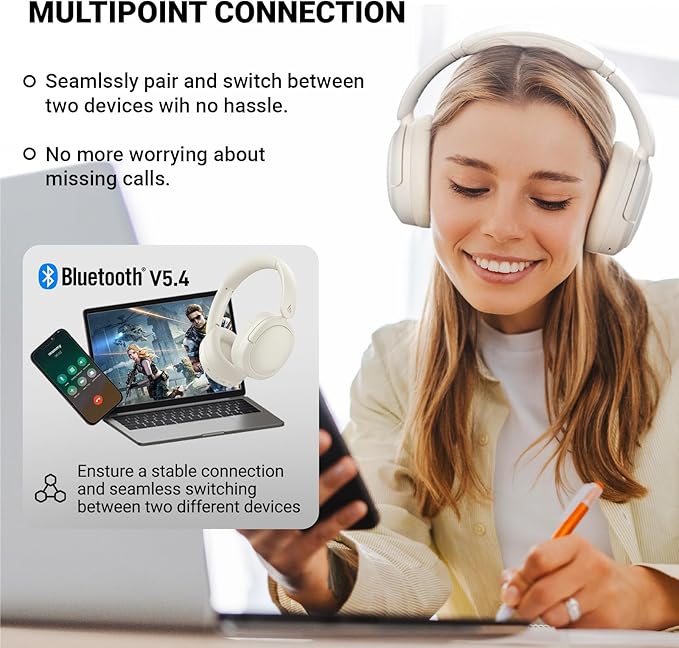 Edifier V80 Hybrid Active Noise Cancelling Headphones, True Wireless Over Ear Bluetooth Headset with 45H Playtime Hi-Res Audio Fast Charging Multipoint Connection for Travel Home Office - Ivory