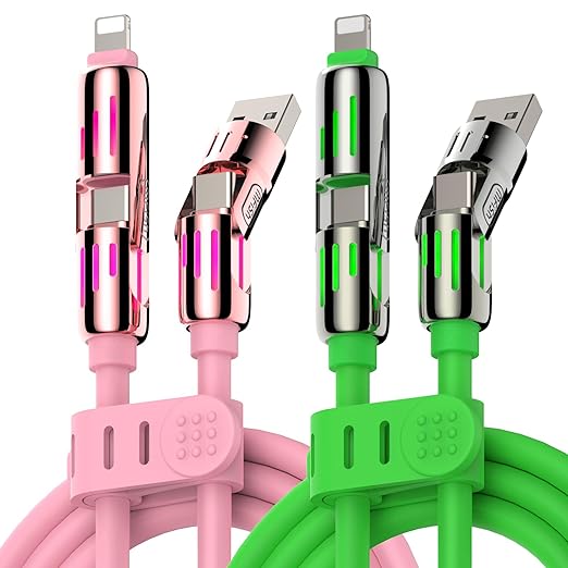 MFish 240W 4-in-1 Universal USB Charging Cable [2 Pack, 6.6ft] – Fast Charger Cord with USB-A, Dual USB-C & Lighting, for iPhone 14/15/16 Series, iPad & MacBook & More (2PACK, Pink+Green, 6.6Ft)
