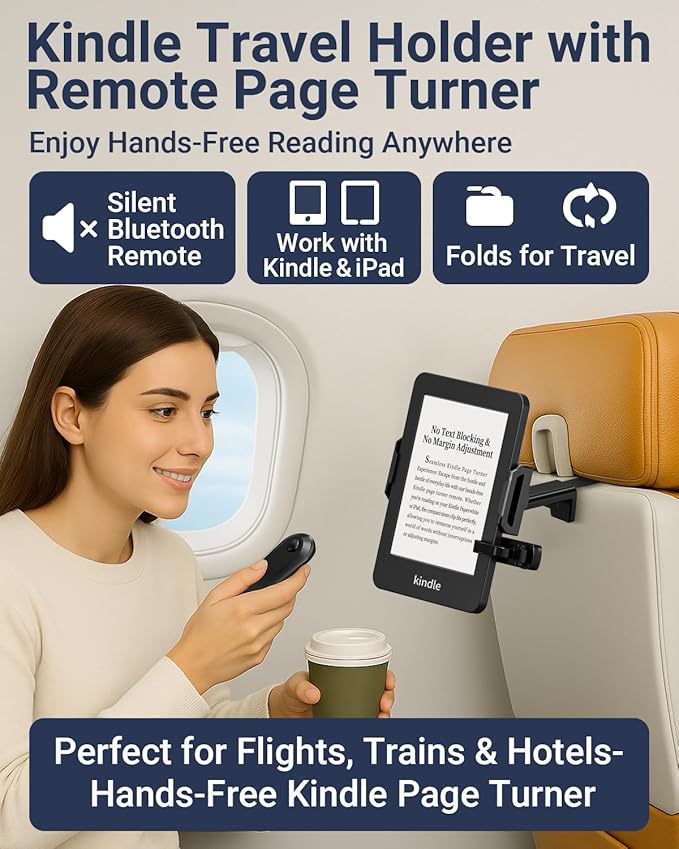 Kindle Travel Stand with Remote Page Turner – Foldable Kindle Holder and Clicker for Hands-Free Reading on Airplanes, Commutes & Camping