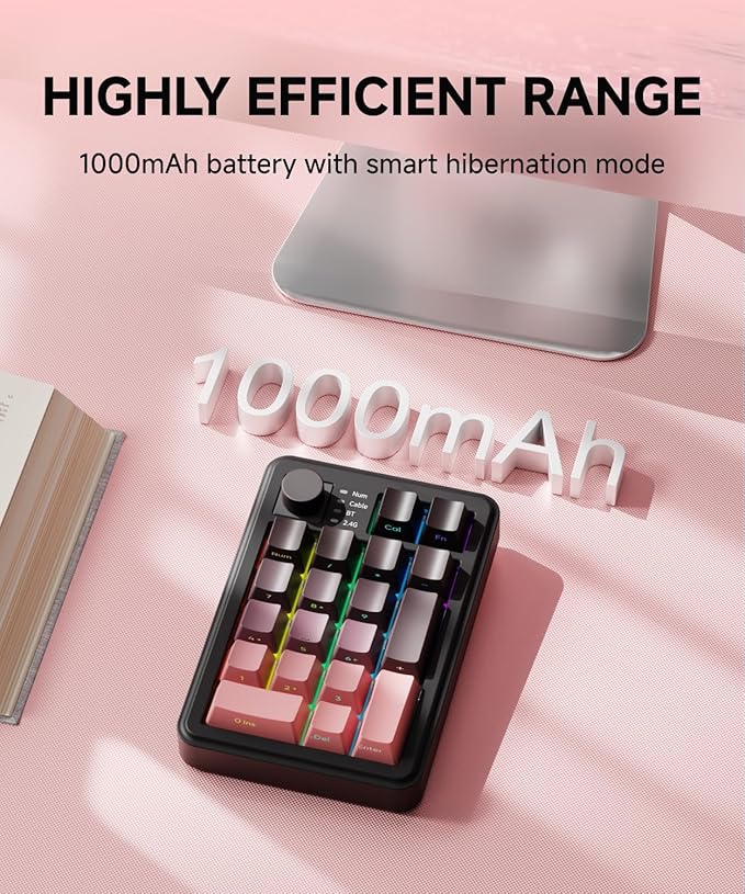 EWEADN NK20 Wireless Retro Mechanical Numpad with Knob, Bluetooth/2.4GHz/USB-C Connect with RGB Backlight Hot Swappable Number Pad, 20-Key Rechargeable External Num Pad for Win, Mac, Black Berry Pink