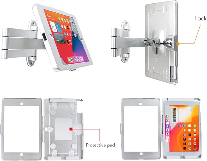 Tablet Wall Mount Bracket with fold for iPad 10.2-Inch (9th,8th,7th Gen.), Extend Adjustable Arm Swivel with Anti Theft Security Lock and Key, Multi Angle, Rotate Design,Metal (Silver)