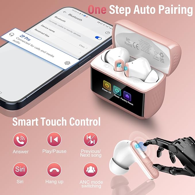 Wireless Earbuds, Bluetooth 5.4 Headphones with Multifunction Touch Screen, 48H Deep Bass Stereo Ear Buds, 5 EQ Modes, ANC/ENC Noise Cancelling, Transparency Mode, IPX7 Bluetooth Earbuds, Rosa