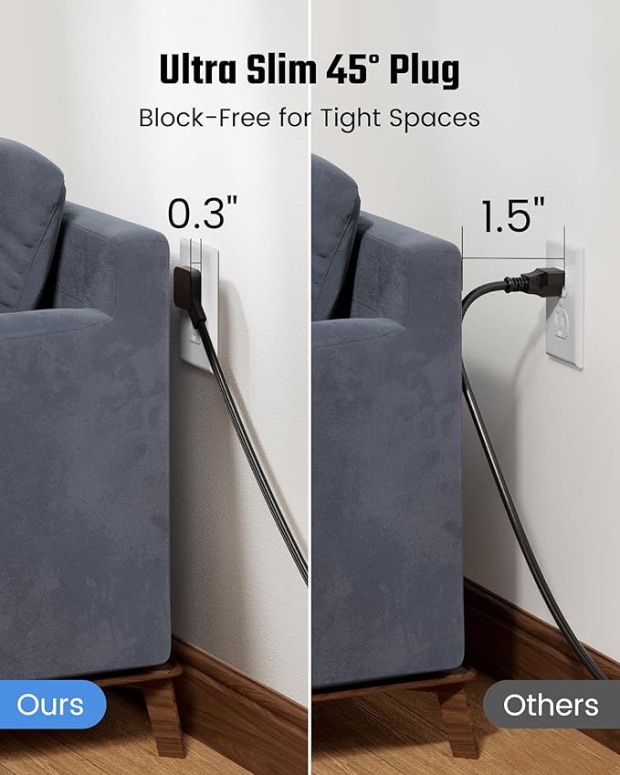 Extension Cord 3ft SUPERDANNY Mini Power Strip Ultra Right Angled Flat Plug for Tight Spaces,Indoor Extension with 3 Outlets,for Office Home Appliances,Non Surge Protector for Travel Cruise,Black