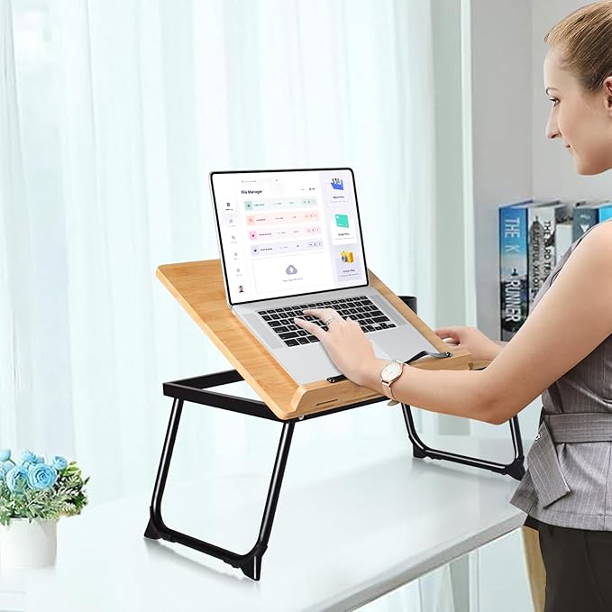 wishacc Book Stand for Reading in Bed, Bamboo Laptop Stand Adjustable Book Holder Tray with Page Paper Clips Multi Angles Adjustable Cooking Bookstands for Textbook Recipe Magazine Tablet Portable