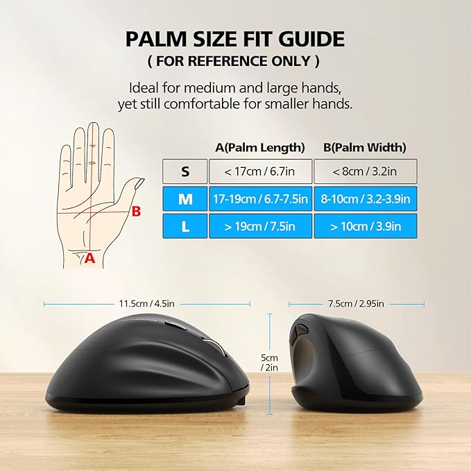 Bluetooth Wireless Mouse Ergonomic Vertical for Laptop Computer Macbook iPad Tablet Rechargeable Silent Click USB Carpal Tunnel Right Hand Compatible with Windows iOS Mac OS Android Black